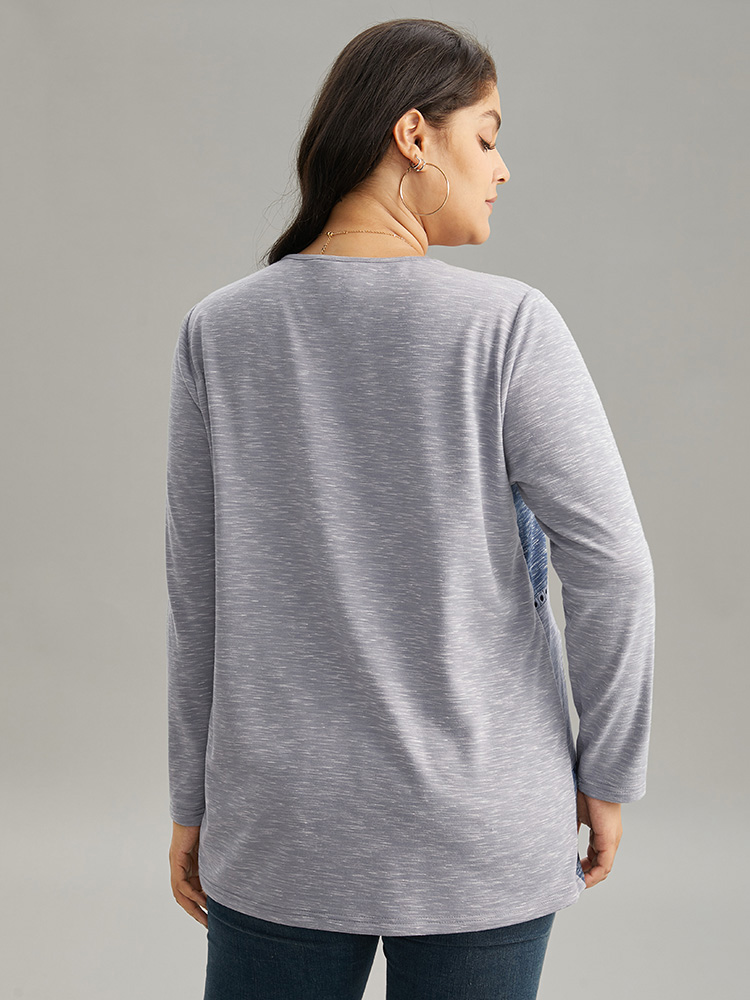 Plus Size Contrast Heather Patchwork Hollow Out Thick T-shirt Multicolor Women Elegant Thick Patchwork V-neck Dailywear T-shirts BloomChic 14-16/1X 