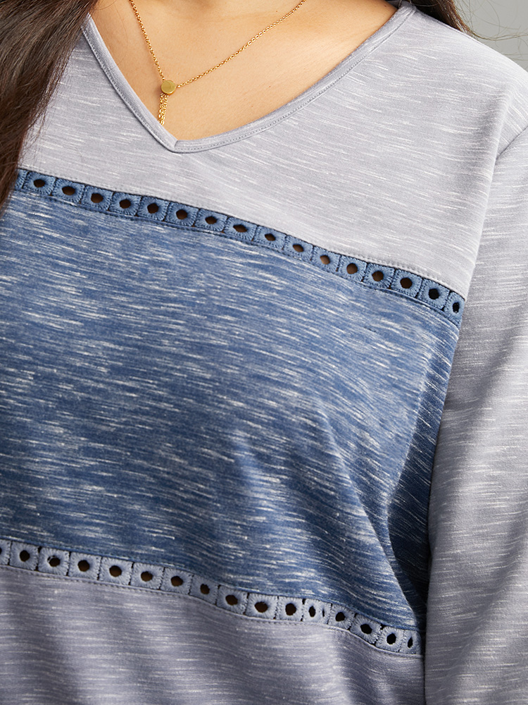 Plus Size Contrast Heather Patchwork Hollow Out Thick T-shirt Multicolor Women Elegant Thick Patchwork V-neck Dailywear T-shirts BloomChic 14-16/1X 
