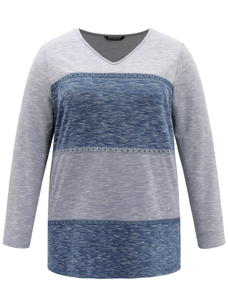 Plus Size Contrast Heather Patchwork Hollow Out Thick T-shirt Multicolor Women Elegant Thick Patchwork V-neck Dailywear T-shirts BloomChic 14-16/1X 