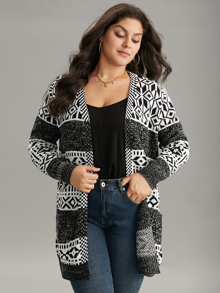 

Plus Size Boho Print Heather Jacquard Cardigan Black Women Casual Loose Long Sleeve Dailywear Cardigans BloomChic