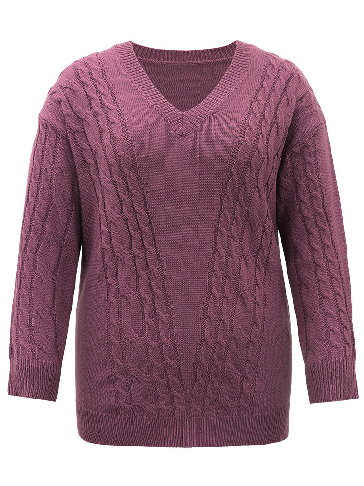 

Plus Size Solid Cable Knit V Neck Split Side Pullover Mauve Women Casual Loose Long Sleeve V-neck Everyday Pullovers BloomChic