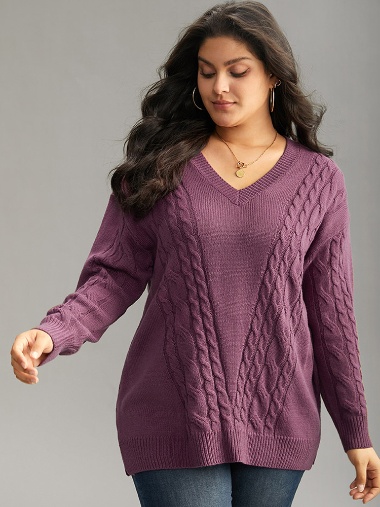 

Plus Size Solid Cable Knit V Neck Split Side Pullover Mauve Women Casual Loose Long Sleeve V-neck Everyday Pullovers BloomChic