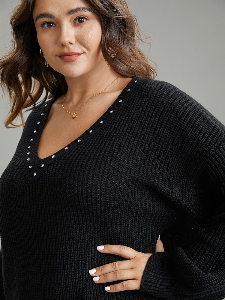 

Plus Size Rhinestone V Neck Drop Shoulder Pullover Black Women Casual Loose Long Sleeve V-neck Dailywear Pullovers BloomChic