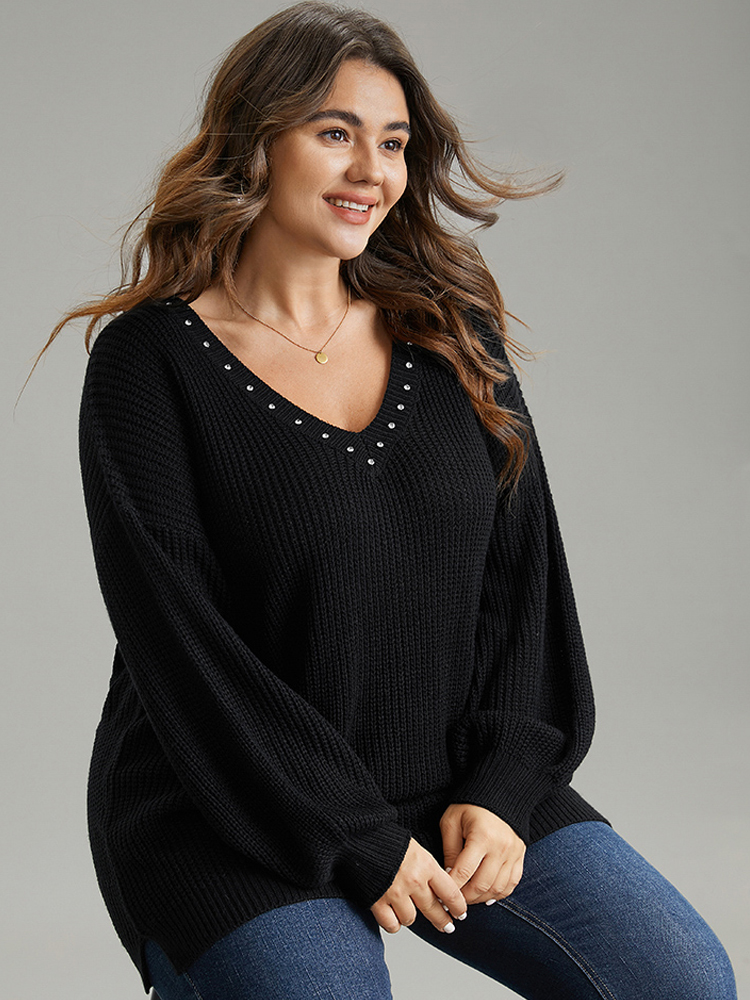 BloomChic Women's Plus Size Rhinestone V Neck Drop Shoulder Pullover Black Plain Long Sleeve 12/L