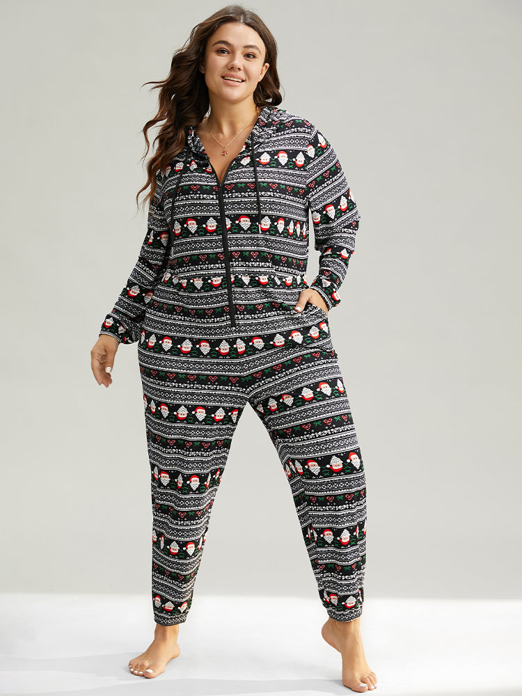 

Plus Size Christmas Print Zipper Hooded Drawstring Sleep Jumpsuit Black Pocket Printed Festival-Christmas Casual Sleep Jumpsuits/Rompers  Bloomchic