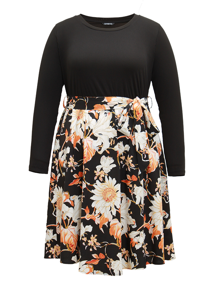 Plus Size Women Dailywear Floral Rib Knit Regular Sleeve Long Sleeve Round Neck Pocket Belt Elegant Dresses BloomChic 
