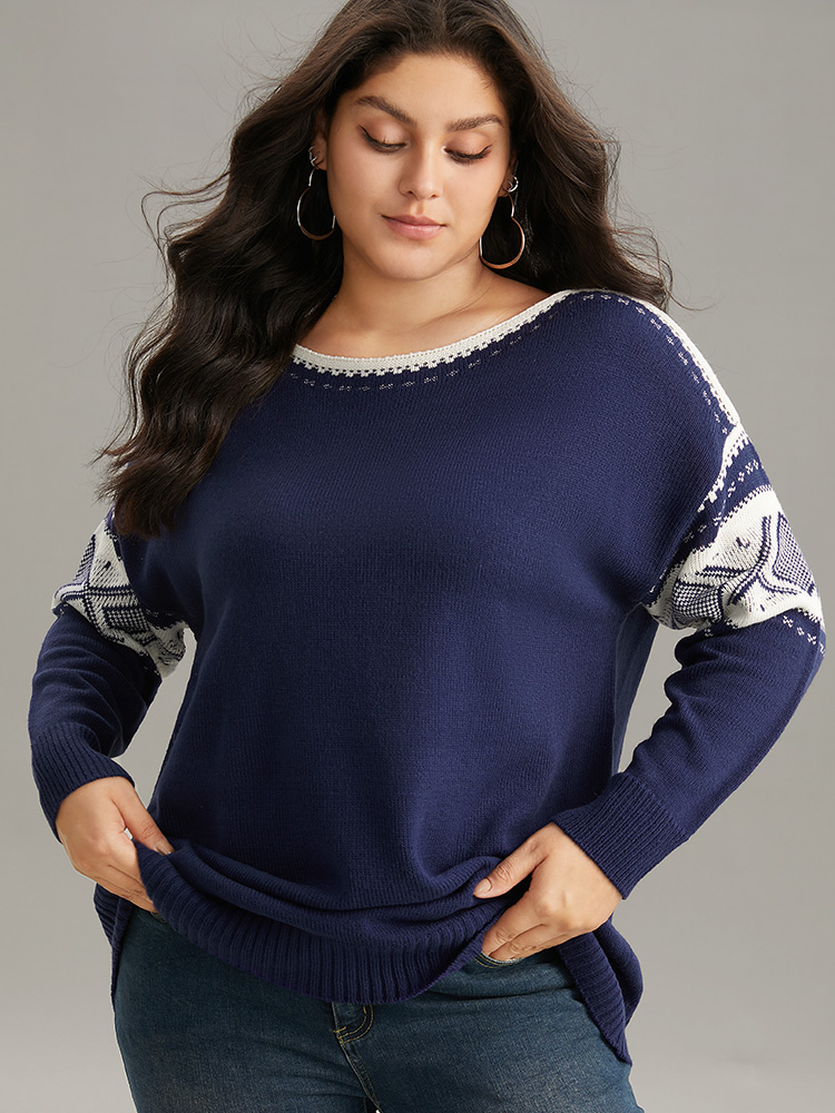 

Plus Size Bandana Print Boat Neck Drop Shoulder Pullover DarkBlue Women Casual Loose Long Sleeve Boat Neck Everyday Pullovers BloomChic