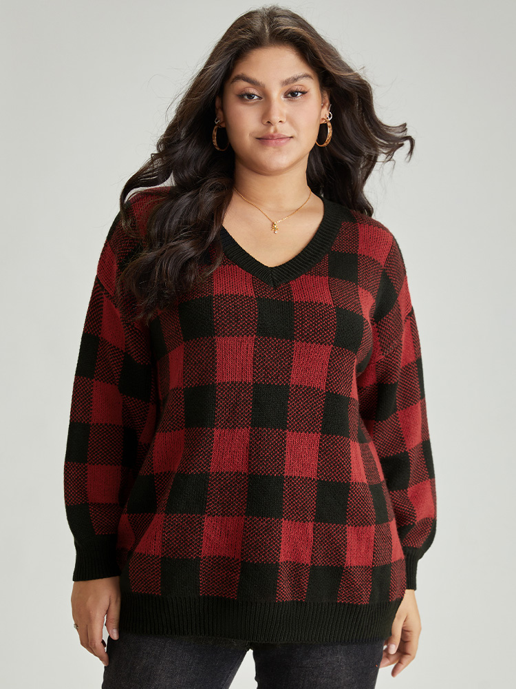 

Plus Size Plaid V Neck Lantern Sleeve Loose Pullover Burgundy Women Casual Loose Long Sleeve V-neck Dailywear Pullovers BloomChic