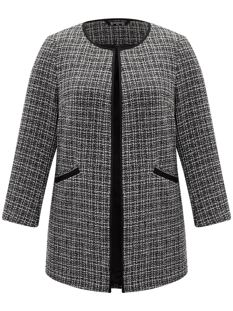 

Plus Size Tweed Patchwork Open Front Pocket Coat Women Black Casual Texture Ladies Dailywear Winter Coats BloomChic