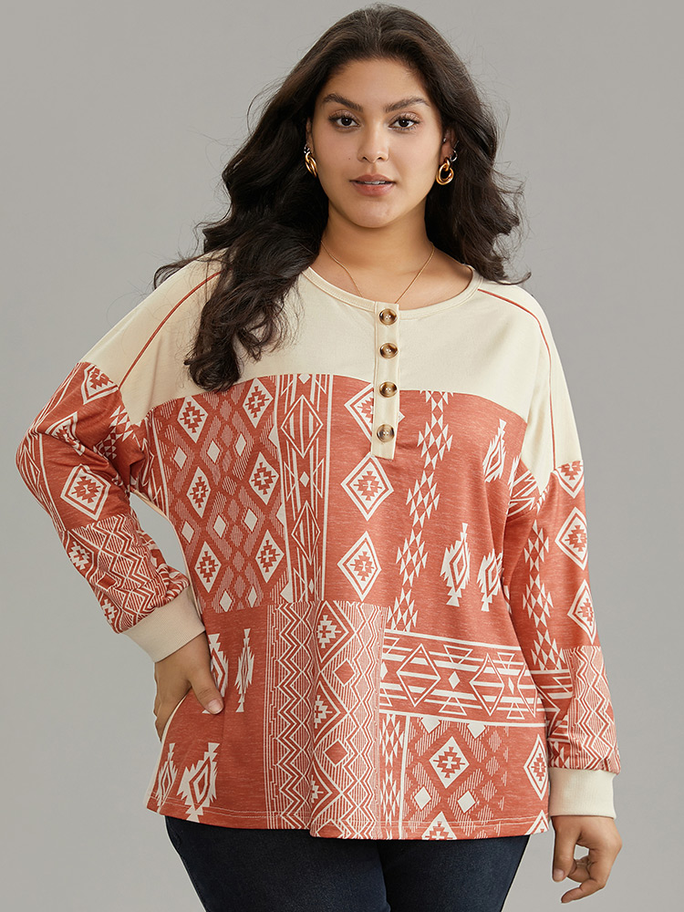 Plus Size Women Dailywear Bohemian Print Contrast Regular Regular Sleeve Long Sleeve Open Front Casual Sweatshirts BloomChic 
