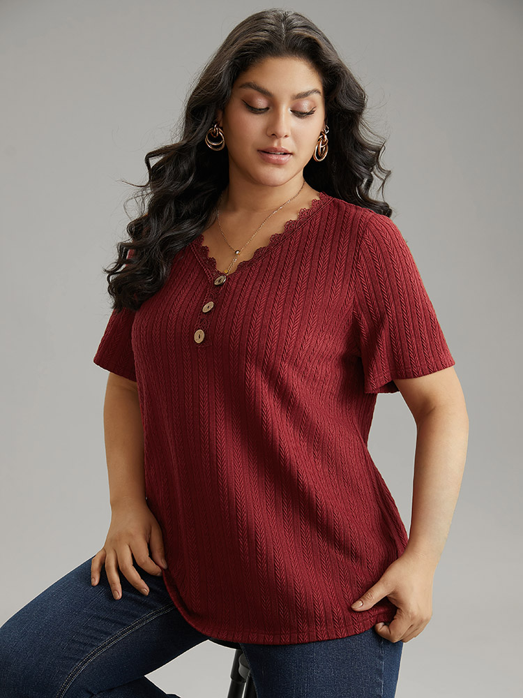 

Plus Size Lace Trim Plisse Button Detail T-shirt Burgundy Women Casual Texture Plain V-neck Everyday T-shirts BloomChic