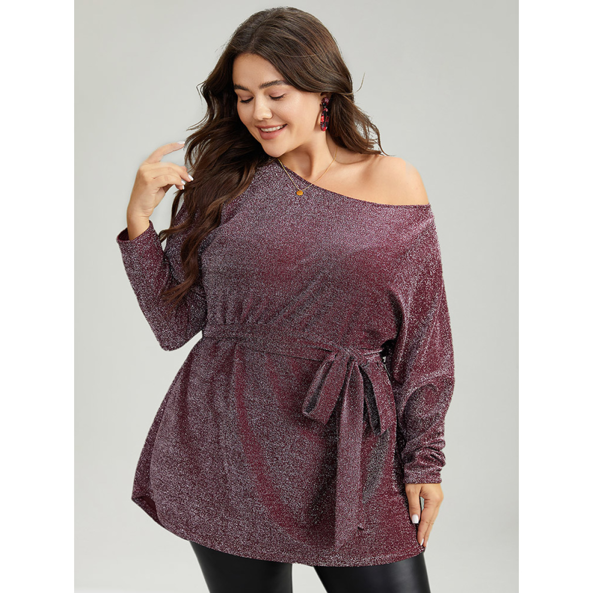 

Plus Size Luxe Belted Curved Hem Dolman Sleeve T-shirt Burgundy Women Casual Texture Plain Round Neck Festival-Christmas T-shirts BloomChic
