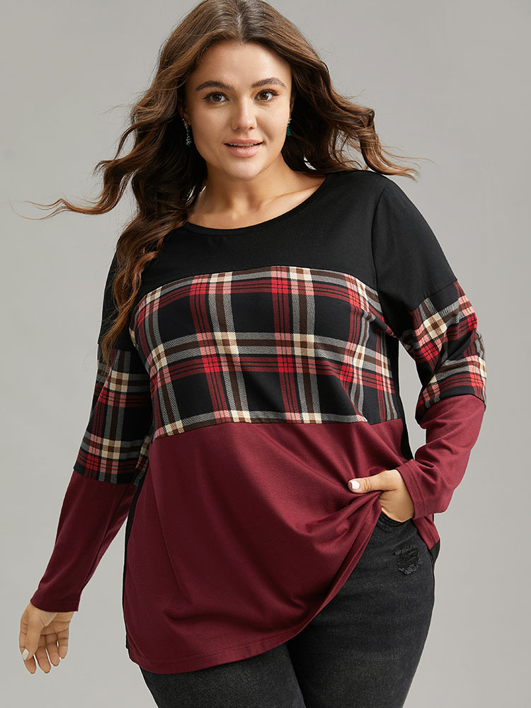 

Plus Size Plaid Contrast Patchwork Round Neck T-shirt Red Women Casual Contrast Plaid Round Neck Everyday T-shirts BloomChic