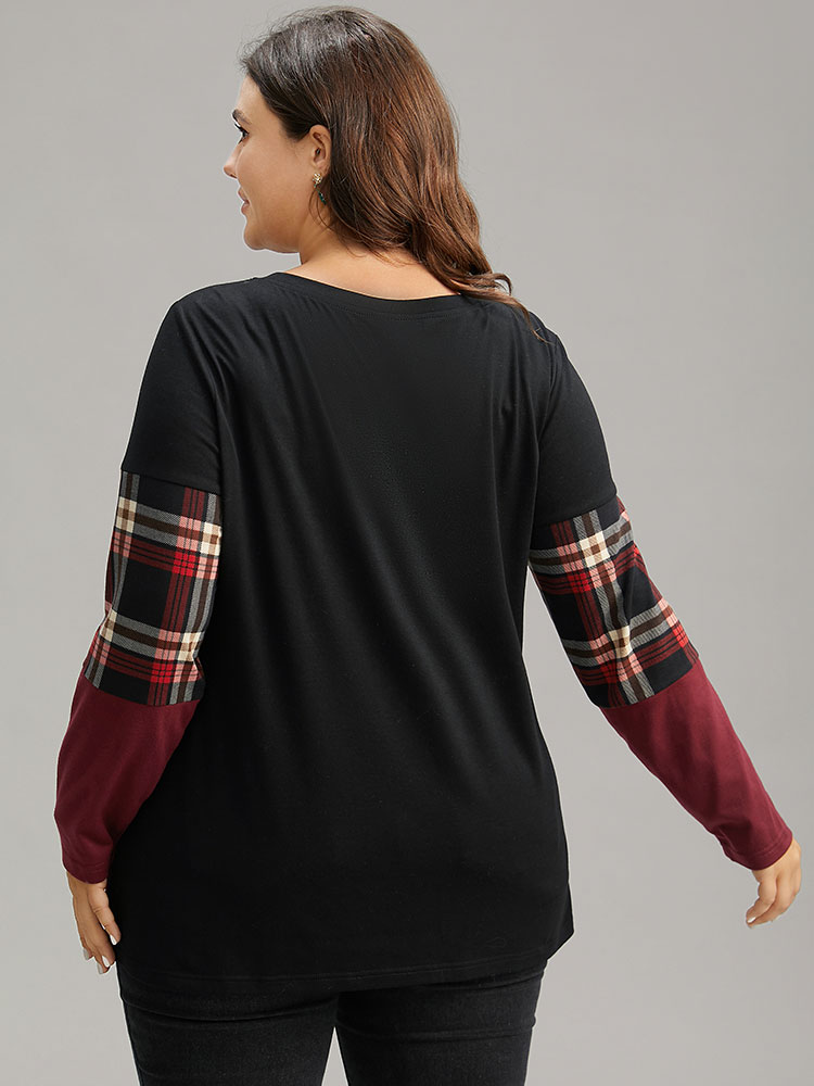 Plus Size Plaid Contrast Patchwork Round Neck T-shirt Red Women Casual Contrast Plaid Round Neck Everyday T-shirts BloomChic 22-24/3X 