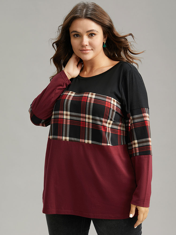 Plus Size Plaid Contrast Patchwork Round Neck T-shirt Red Women Casual Contrast Plaid Round Neck Everyday T-shirts BloomChic 22-24/3X 