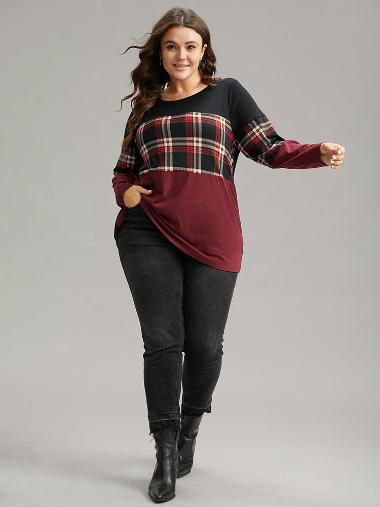 Plus Size Plaid Contrast Patchwork Round Neck T-shirt Red Women Casual Contrast Plaid Round Neck Everyday T-shirts BloomChic 22-24/3X 