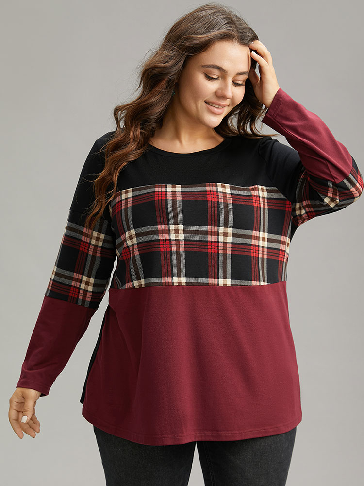 Plus Size Plaid Contrast Patchwork Round Neck T-shirt Red Women Casual Contrast Plaid Round Neck Everyday T-shirts BloomChic 22-24/3X 