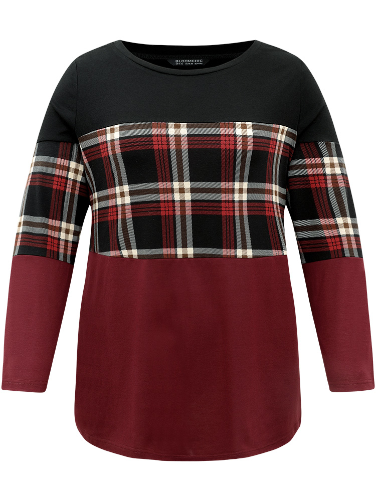 Plus Size Plaid Contrast Patchwork Round Neck T-shirt Red Women Casual Contrast Plaid Round Neck Everyday T-shirts BloomChic 22-24/3X 