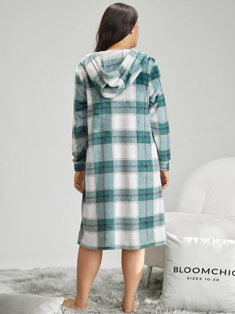 

Plus Size Plaid Contrast Half Zip Hooded Sleep Dress Green Long Sleeve Hooded Casual Festival-Christmas  Bloomchic
