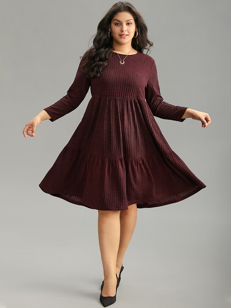 

Plus Size Rib Knit Round Neck Ruffle Layered Hem Dress Raspberry Women Casual Texture Round Neck Long Sleeve Curvy Knee Dress BloomChic