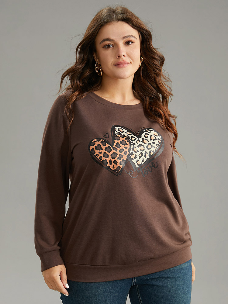 

Plus Size Heart Leopard Round Neck Sweatshirt Women DarkBrown Casual Printed Dailywear Sweatshirts BloomChic