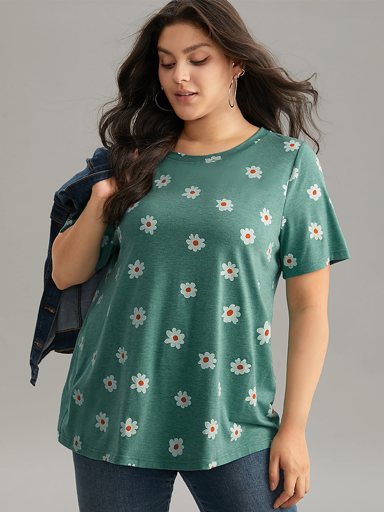 

Plus Size Small Daisy Print Round Neck T-shirt Cyan Women Casual Printed Plants Round Neck Dailywear T-shirts BloomChic