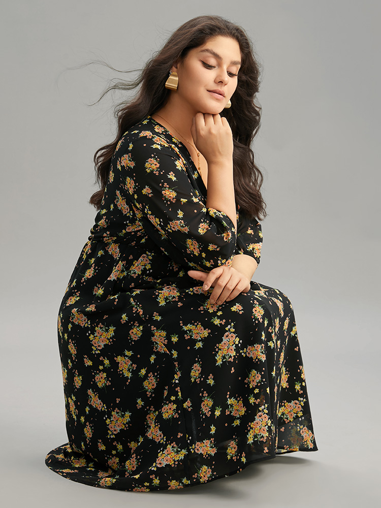 Plus Size Women Dailywear Floral Wrap Regular Sleeve Half Sleeve Overlap Collar Pocket Elegant Dresses BloomChic 