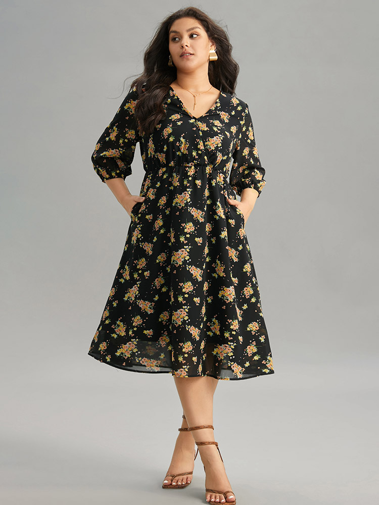 Plus Size Women Dailywear Floral Wrap Regular Sleeve Half Sleeve Overlap Collar Pocket Elegant Dresses BloomChic 