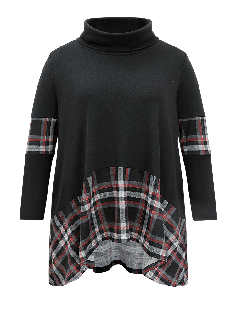 

Plaid Patchwork Asymmetrical Hem Pocket T-shirt, Black