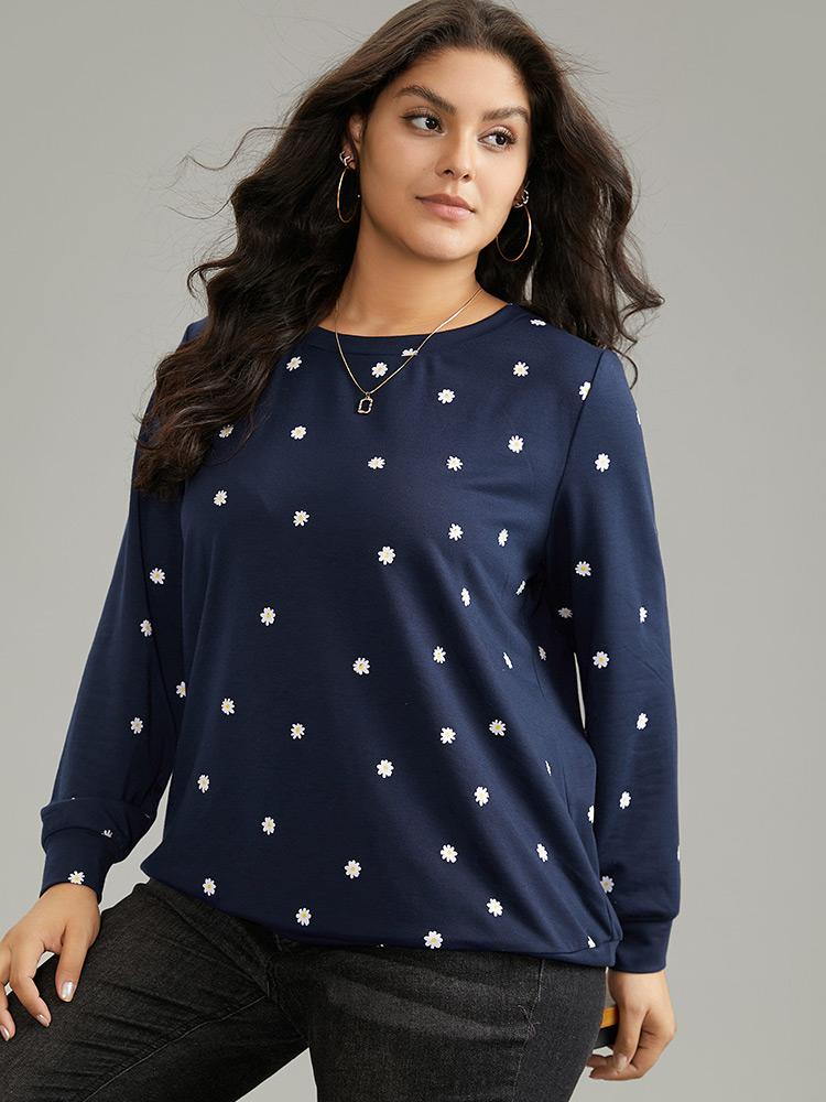 

Plus Size Small Daisy Print Crew Neck Sweatshirt Women Indigo Casual Printed Round Neck Dailywear Sweatshirts BloomChic