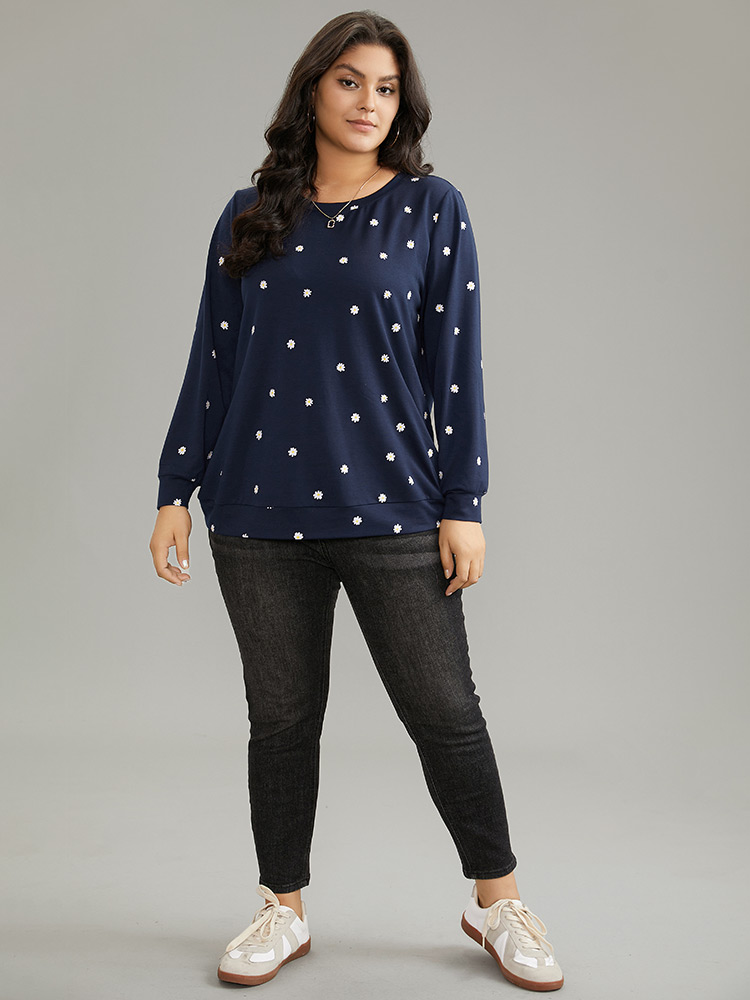 Plus Size Women Dailywear Ditsy Floral Printed Regular Regular Sleeve Long Sleeve Round Neck Casual Sweatshirts BloomChic 