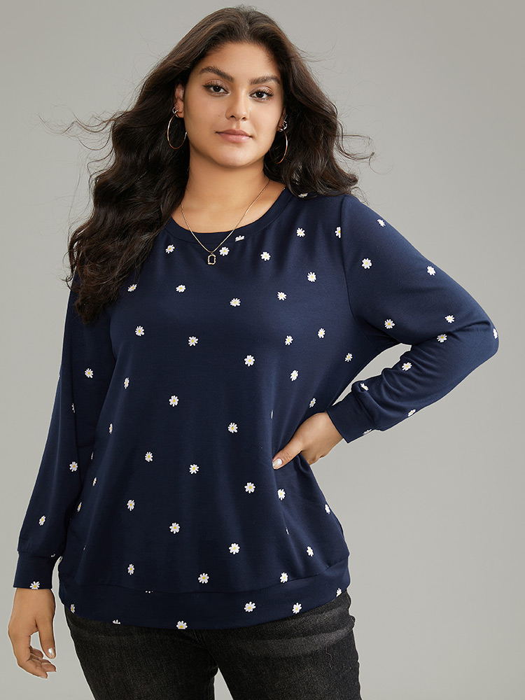 Plus Size Women Dailywear Ditsy Floral Printed Regular Regular Sleeve Long Sleeve Round Neck Casual Sweatshirts BloomChic 