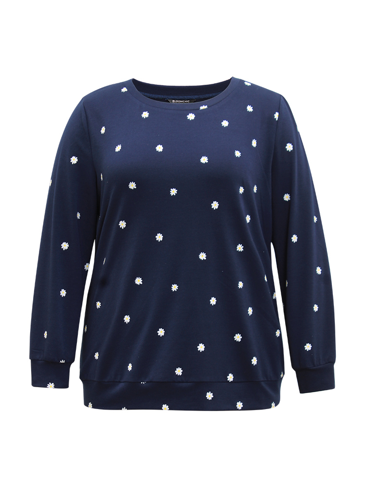 Plus Size Women Dailywear Ditsy Floral Printed Regular Regular Sleeve Long Sleeve Round Neck Casual Sweatshirts BloomChic 