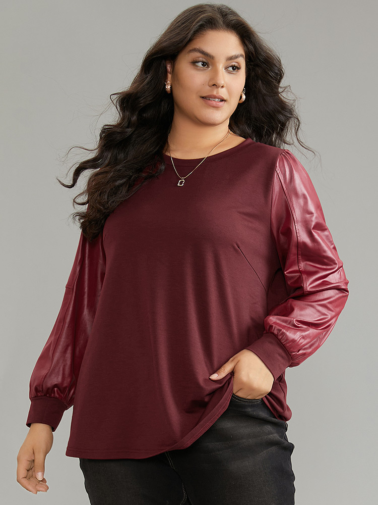 

Plus Size PU Leather Patchwork Crew Neck Sweatshirt Women Scarlet Elegant Plain Round Neck Dailywear Sweatshirts BloomChic