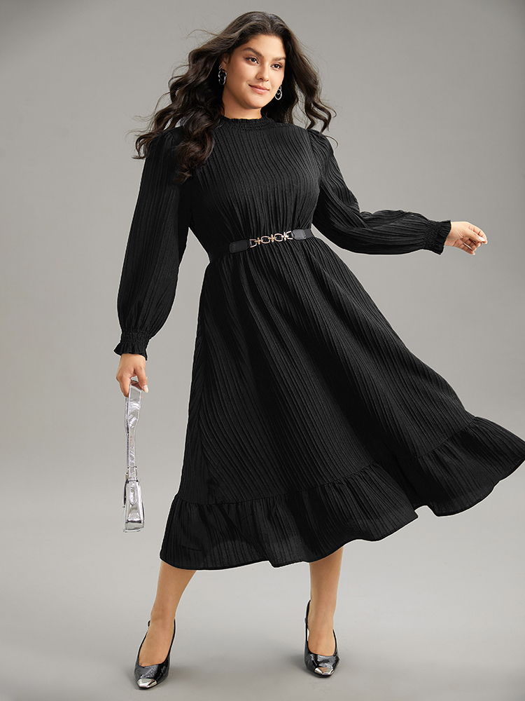 

Plus Size Plain Texture Elastic Waist Frill Trim Shirred Dress Black Women Office Texture Mock Neck Long Sleeve Curvy Midi Dress BloomChic