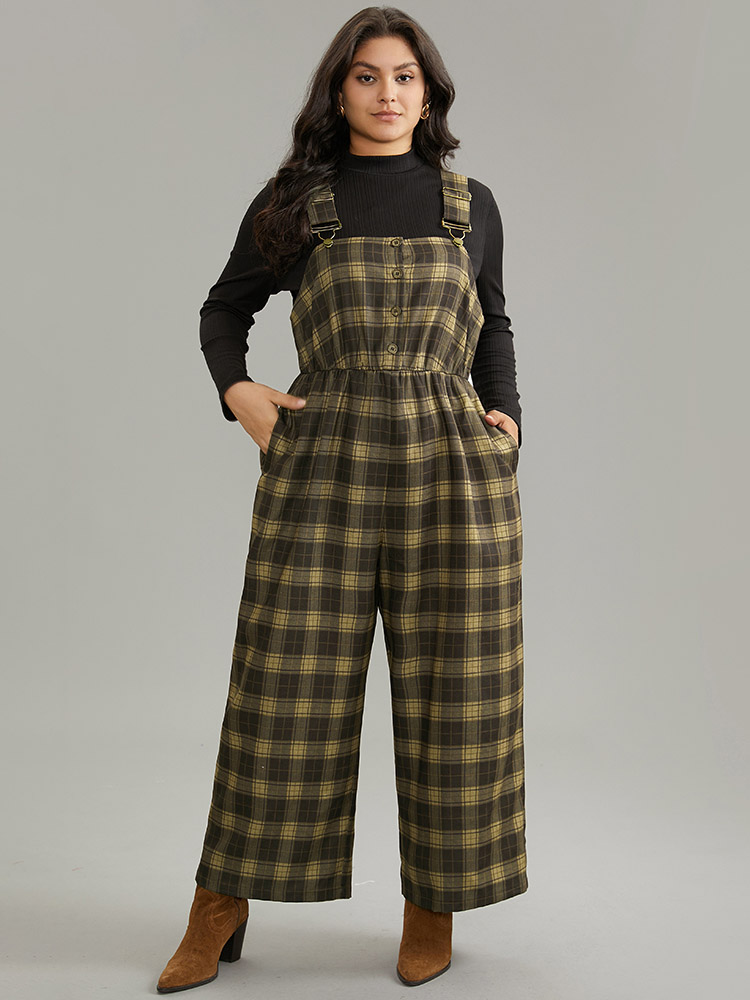 

Plus Size DarkBrown Plaid Adjustable Straps Pocket Elastic Waist Jumpsuit Women Office Sleeveless Spaghetti Strap Work Loose Jumpsuits BloomChic