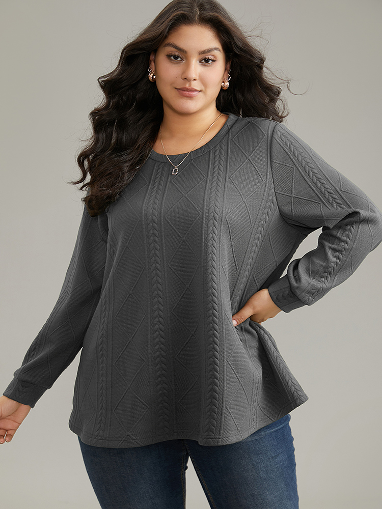 

Plus Size Plain Textured Round Neck Sweatshirt Women Gray Casual Non Round Neck Everyday Sweatshirts BloomChic