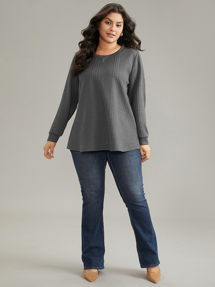 Plus Size Plain Textured Round Neck Sweatshirt Women Gray Casual Non Round Neck Everyday Sweatshirts BloomChic 10/M 