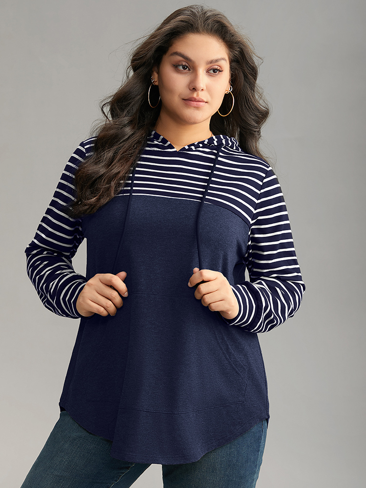 

Plus Size Striped Patchwork Hooded Pocket Drawstring Sweatshirt Women Indigo Casual Contrast Hooded Everyday Sweatshirts BloomChic