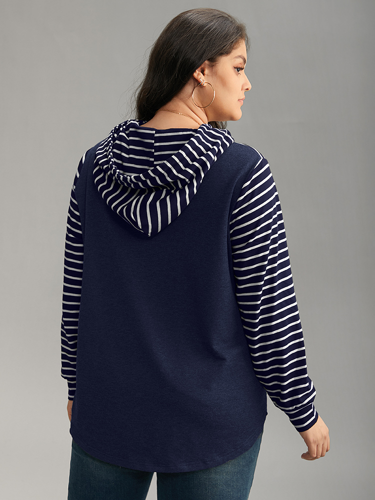 Plus Size Striped Patchwork Hooded Pocket Drawstring Sweatshirt Women Indigo Casual Contrast Hooded Everyday Sweatshirts BloomChic 22-24/3X 