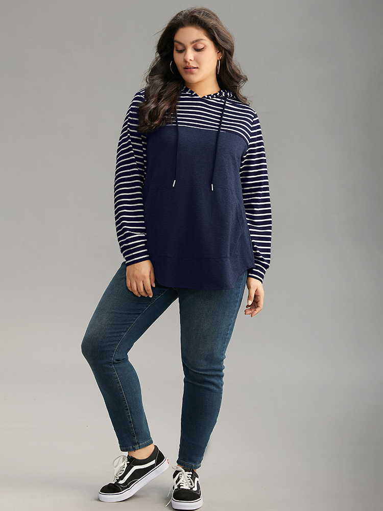 Plus Size Striped Patchwork Hooded Pocket Drawstring Sweatshirt Women Indigo Casual Contrast Hooded Everyday Sweatshirts BloomChic 22-24/3X 