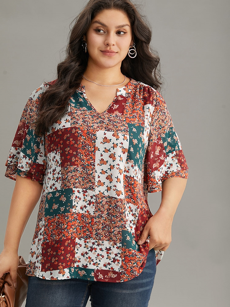 Plus Size Women Vacation Ditsy Floral Contrast Ruffle Sleeve Short sleeve Notched collar Vacation Blouses BloomChic 