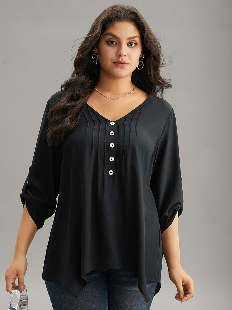 

Plus Size Black Solid Button Detail Pleated Hanky Hem Blouse Women Office Elbow-length sleeve V-neck Work Blouses BloomChic