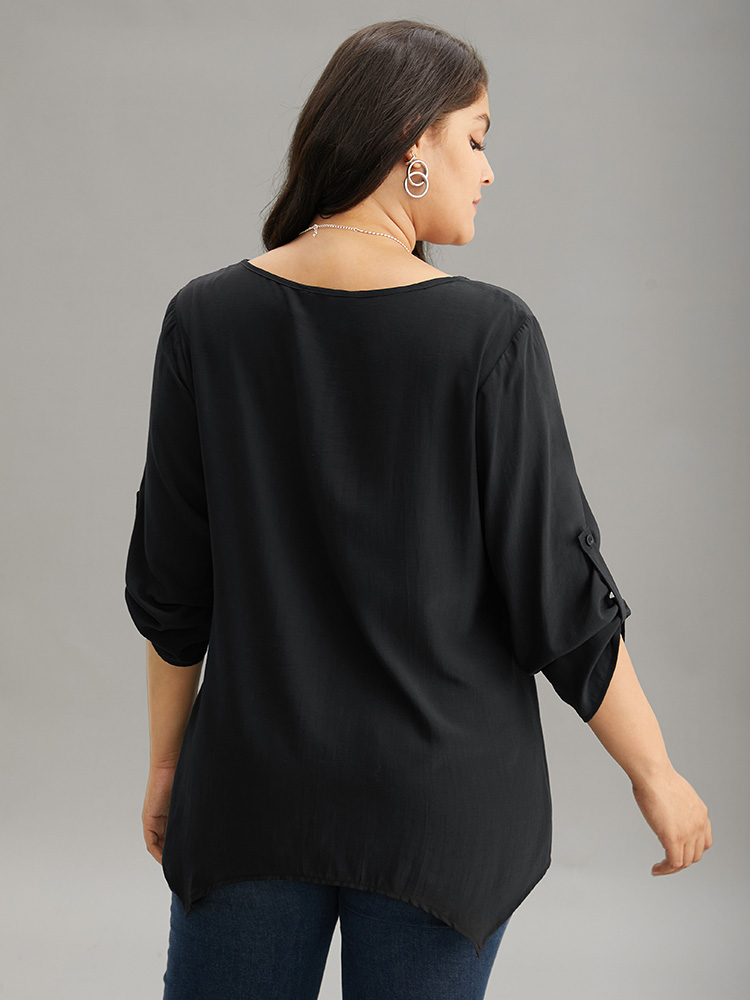 Plus Size Black Solid Button Detail Pleated Hanky Hem Blouse Women Office Elbow-length sleeve V-neck Work Blouses BloomChic 10/M 