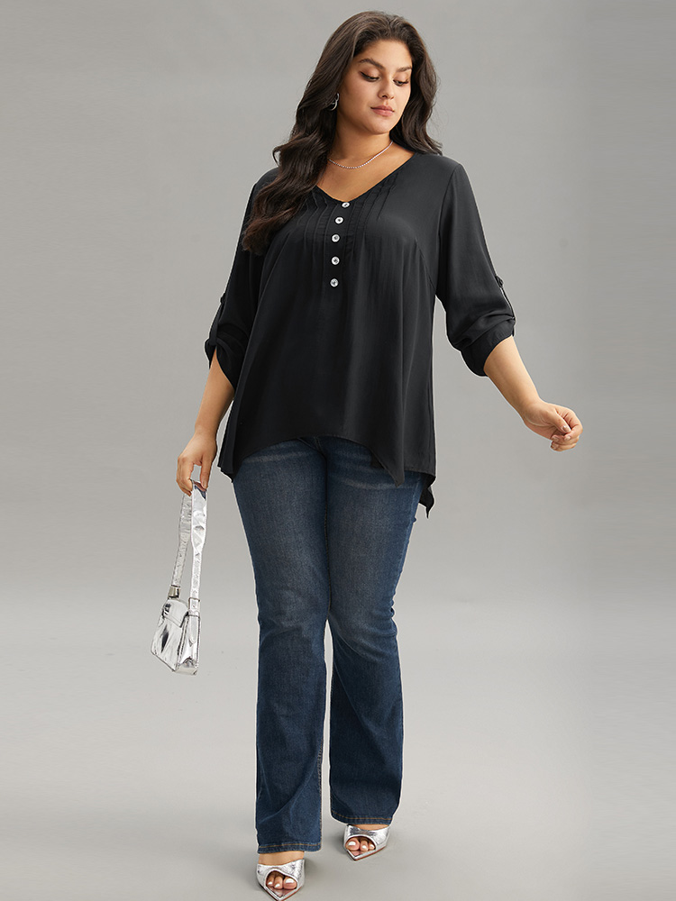 

Plus Size Black Solid Button Detail Pleated Hanky Hem Blouse Women Office Elbow-length sleeve V-neck Work Blouses BloomChic