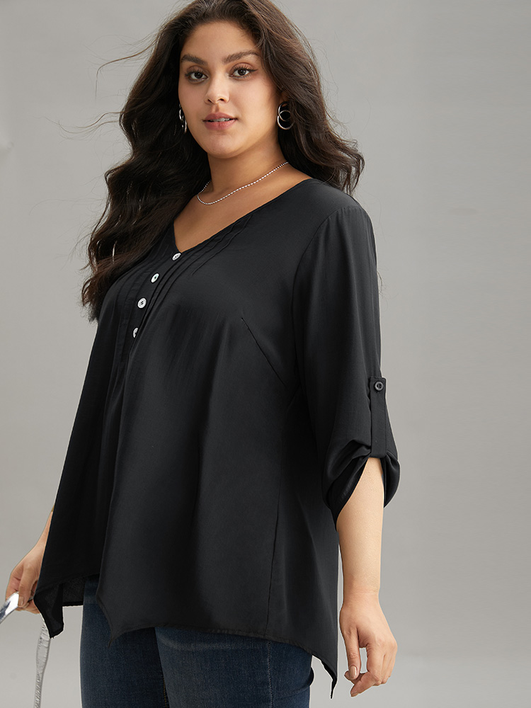 Plus Size Black Solid Button Detail Pleated Hanky Hem Blouse Women Office Elbow-length sleeve V-neck Work Blouses BloomChic 10/M 