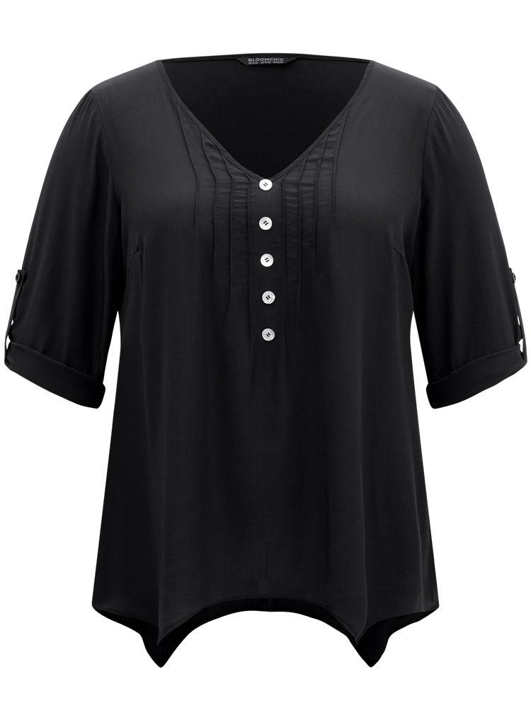 Plus Size Black Solid Button Detail Pleated Hanky Hem Blouse Women Office Elbow-length sleeve V-neck Work Blouses BloomChic 10/M 