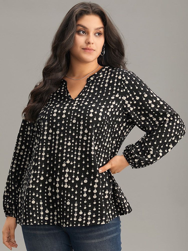 Plus Size Women Vacation Chain Print Printed Lantern Sleeve Long Sleeve Notched collar Office Blouses BloomChic 