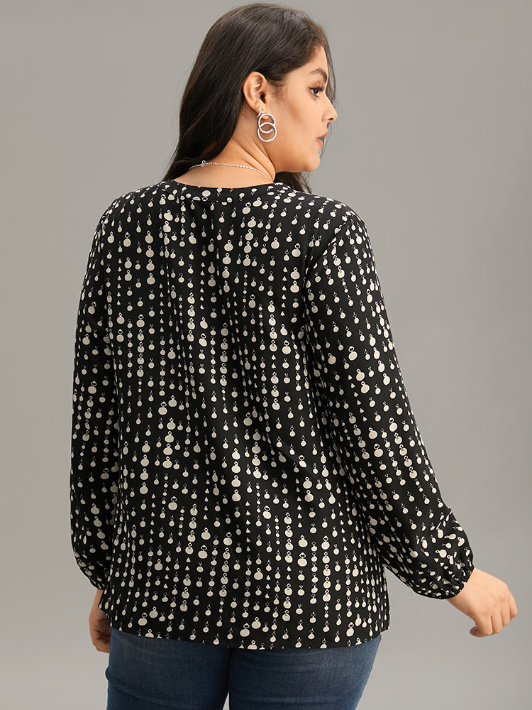 Plus Size Women Vacation Chain Print Printed Lantern Sleeve Long Sleeve Notched collar Office Blouses BloomChic 