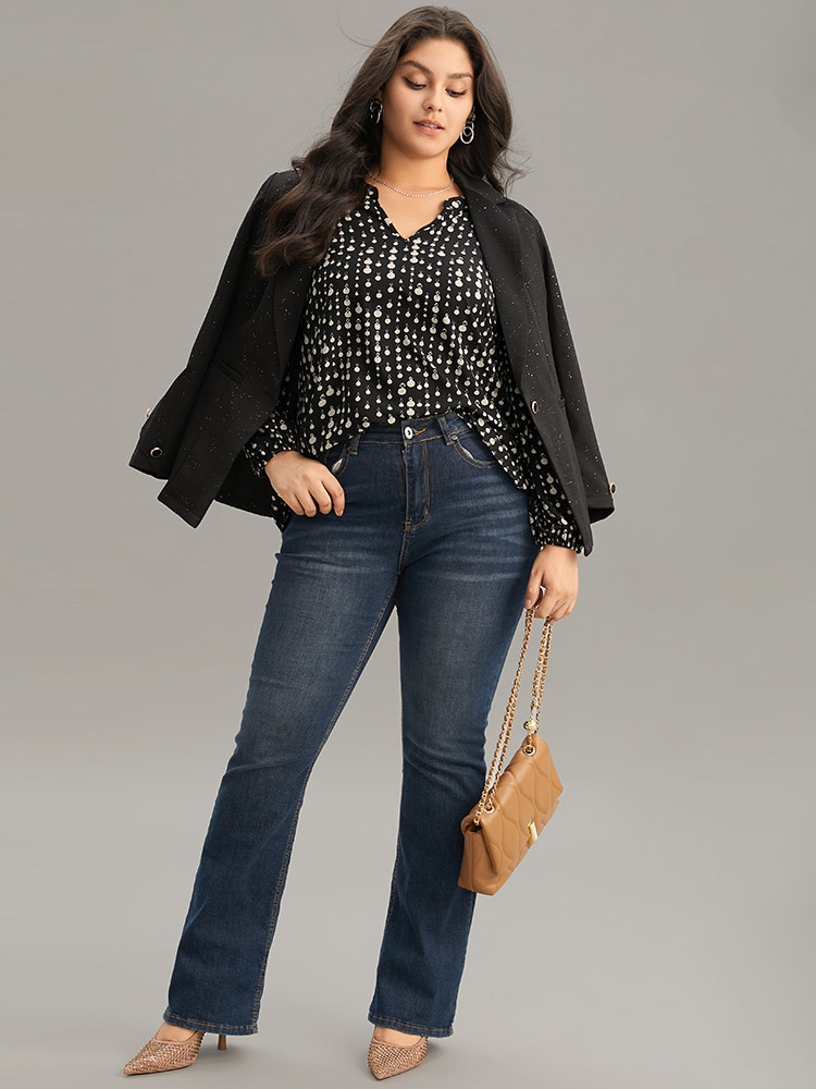 Plus Size Women Vacation Chain Print Printed Lantern Sleeve Long Sleeve Notched collar Office Blouses BloomChic 